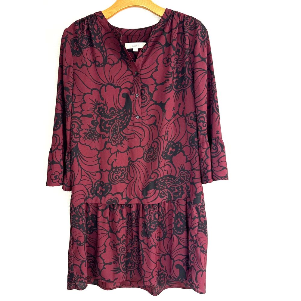 Loft Burgundy Black Floral Paisley Drop Waist Bell 3/4 Sleeve Mini Dress - S